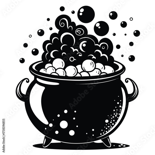 Bubbling witchs cauldron with swirling potion and floating bubbles