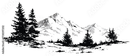 Monochrome Mountain Landscape with Evergreen Trees in Artistic Black and White Rendering for Outdoor Scenery and Nature Illustrations