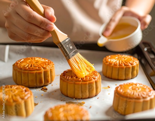 Woman brushing golden glaze on mooncakes