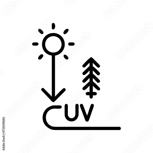 Sunlight uv ray protection icon with arrow pointing down and tree symbol for natural protection against uv rays on transparent background silhouette