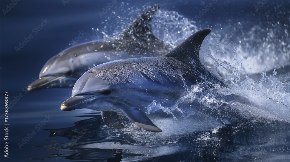 Fototapeta premium Dolphins leap joyfully over calm ocean waters during a sunny afternoon near the coast