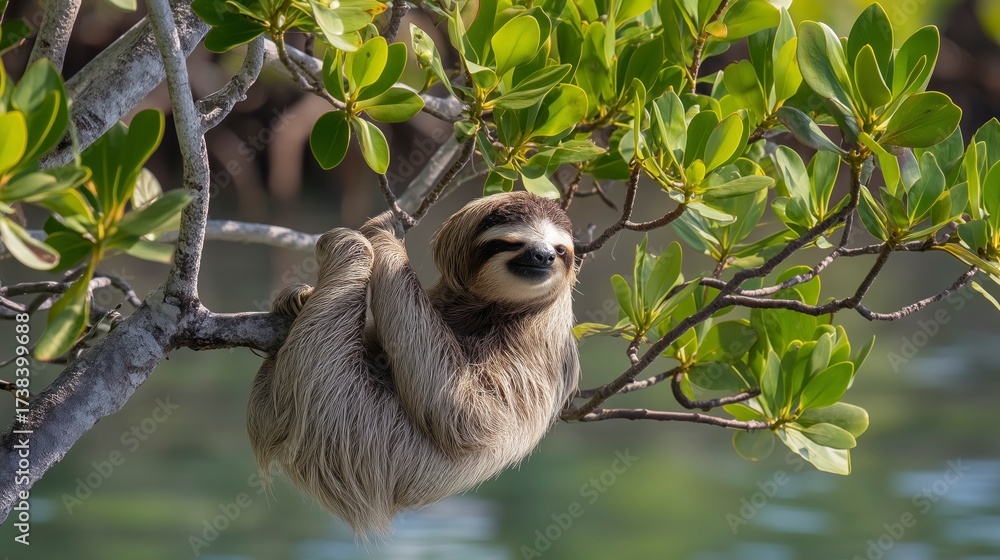 Fototapeta premium Sloth resting on a tree branch beside calm water in a tropical setting during sunlight hours
