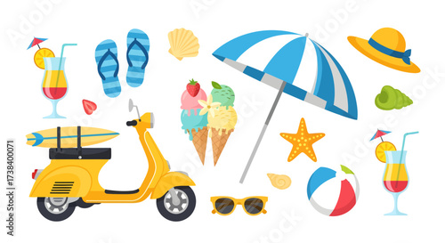 Summer vacation illustration featuring a scooter, beach umbrella, and various accessories.
