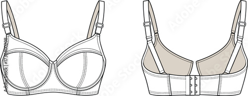 Bra technical flat sketch, lingerie fashion template, underwire cup design, adjustable straps, hook and eye closure, front and back illustration