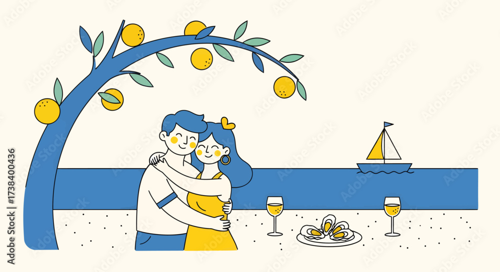 Naklejka premium An illustration of a loving couple embracing by the sea under an orange tree, with a sailboat and a romantic meal.