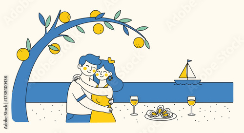 An illustration of a loving couple embracing by the sea under an orange tree, with a sailboat and a romantic meal.