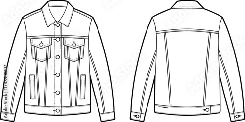 Denim jacket flat sketch, button down fashion template, chest flap pockets design, front and back view, apparel technical drawing illustration
