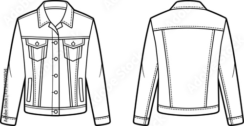 Denim jacket flat sketch, button down coat template, chest flap pocket design, front and back view, apparel technical drawing illustration