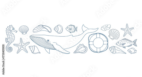A collection of hand-drawn line art illustrations featuring various marine life and ocean-related objects like a whale, seahorse, seashells, starfish, fish, and a lifebuoy.