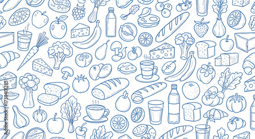 Food pattern: hand-drawn doodle style illustration of various foods.