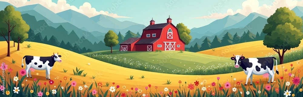 Naklejka premium Colorful farm illustration. Red barn with cows on meadow. Green trees and mountains. Whimsical rural landscape perfect for children books or eco designs. Summer scene.