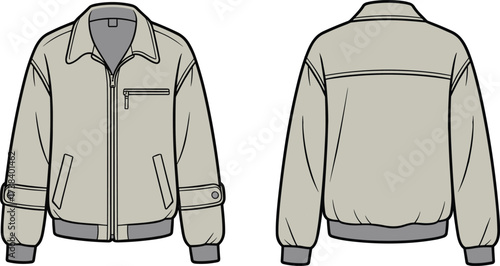 Light gray bomber jacket front and back view, fashion flat template, apparel technical drawing, casual outerwear design, clothing vector illustration, zipper style