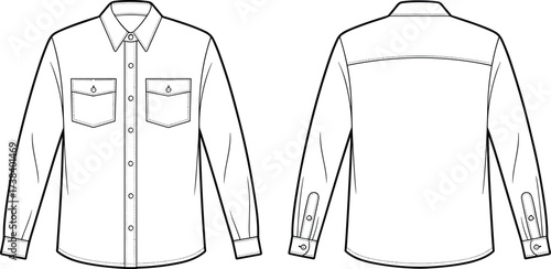 Long sleeve button up shirt front and back view, fashion flat sketch, apparel technical drawing, clothing vector template, casual wear design illustration