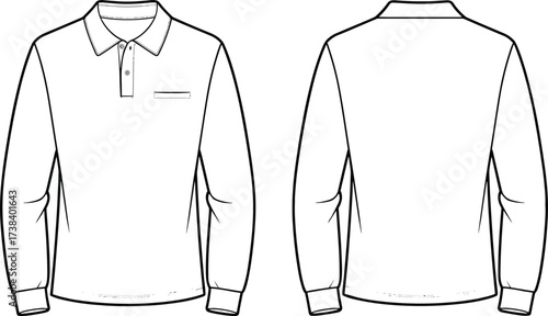 Long sleeve polo shirt front and back view, fashion flat sketch, apparel technical drawing, clothing vector template, casual wear design illustration