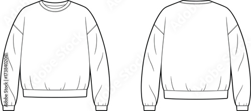 Long sleeve crewneck sweatshirt front and back view, fashion flat sketch, apparel technical drawing, clothing vector template, casual wear design illustration