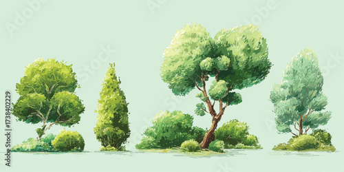 Scenic Arrangement of Various Green Trees and Shrubs in a Naturalistic Watercolor Style Artistic Composition