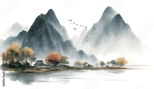 Serene Asian Landscape Painting with Majestic Mountains Reflecting on Calm Waters a Peaceful and Tranquil Scene