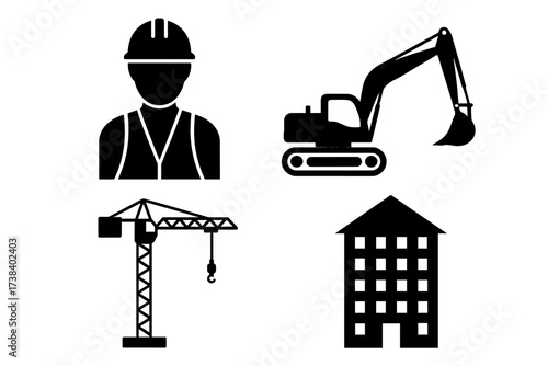 Construction building icon set. Vector industrial symbols. Engineer, excavator, crane, house glyph. Real estate development, architecture, engineering concept. Black silhouette.