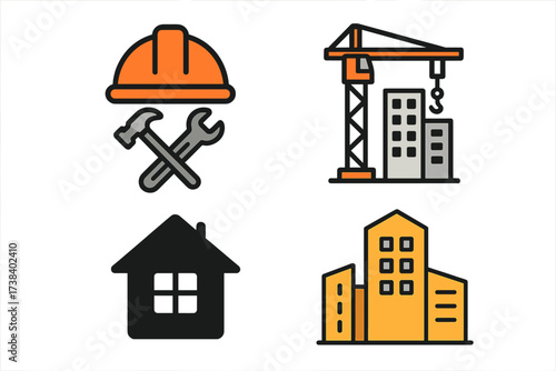Construction icon set for building industry. Vector collection of real estate and architecture symbols. Home, crane, hard hat, tools, and skyscraper logo elements for design.