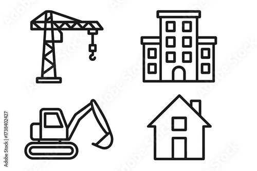 Construction and building icon set. Vector line art symbols for real estate and development. Includes tower crane, excavator, house, and apartment block pictogram design elements.