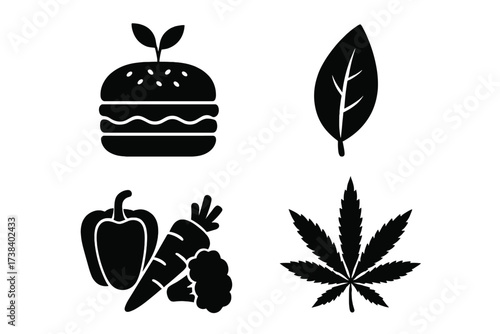 Vegan food and cannabis icon set. Vector collection of plant-based burger, vegetables, leaf, and marijuana symbol. Healthy eating, CBD and alternative lifestyle concept.