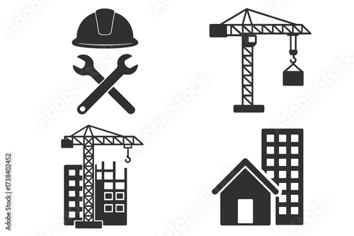 Construction and building icon set. Vector collection of industry symbols for architecture, engineering, and real estate development. Crane, hard hat, tools, and houses.