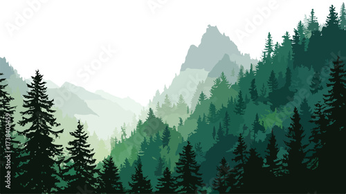 Majestic Green Forest Silhouette Against Mountain