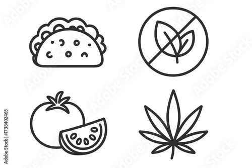 Vector icon set food symbols. Taco, tomato, non-vegan label, cannabis leaf. Line art for mexican food, healthy eating, marijuana edibles, product labeling design elements.