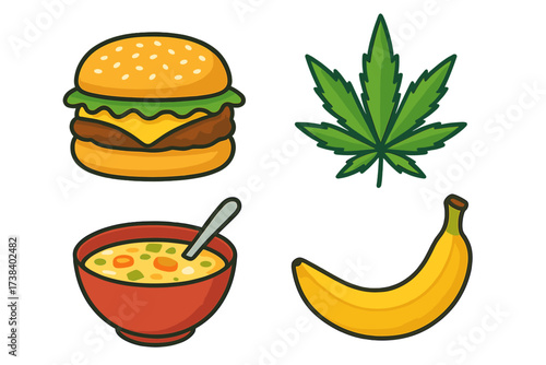 Food and cannabis icon set with burger, soup, and banana. Vector cartoon illustration. Cheeseburger for fast food, vegetable soup, fruit and marijuana leaf for recreation.