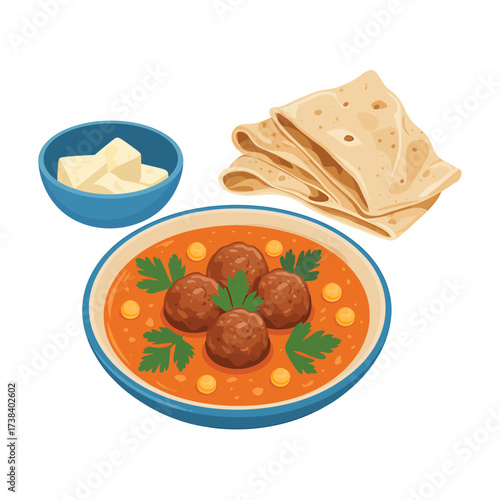 Delicious Indian Meatball Curry with Homemade Roti Bread and Paneer Cubes Ready to Eat