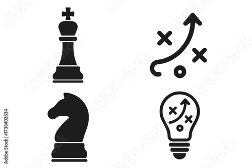 Business strategy and creative solution vector icon set. Chess pieces for tactics and planning. Lightbulb with game plan diagram for innovation, marketing or management ideas.