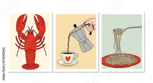 A triptych of food illustrations featuring a red lobster, coffee being poured from a moka pot, and spaghetti on a fork.