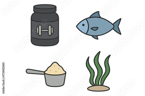 Vector icon set of protein sources. Includes whey supplement container, powder scoop, fish, and seaweed. For nutrition, fitness, gym, bodybuilding, and healthy food concepts.