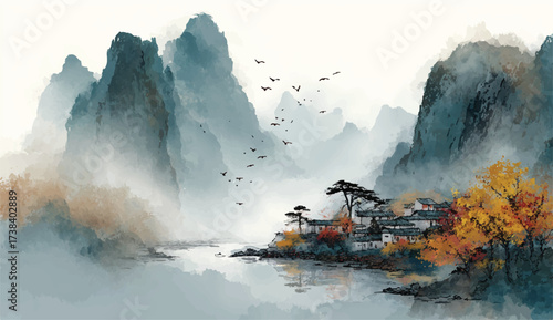 Serene Asian Landscape Painting with Towering Mountains Misty River and Traditional Village a Meditative Watercolor Illustration