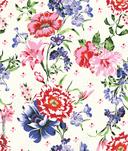 Seamless vector pattern with floral motif. hand painted pink botanical flower with small flower arrangements. vintage watercolor flower arrangements. repeating print for fabric, fashion print