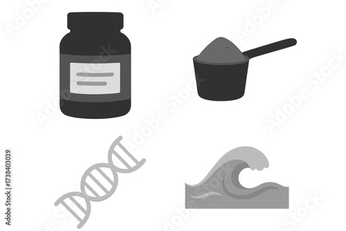 Vector icon set. Protein supplement powder for fitness and bodybuilding. Nutrition jar and scoop. DNA helix for science and genetics. Sea wave symbol. Monochrome design.