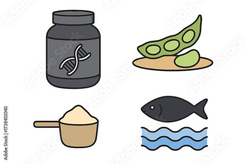 Vector icon set of protein sources for nutrition. Includes whey supplement powder in a jar and scoop, fish for seafood protein, and plant-based soy for vegan diets.