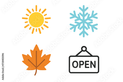 Four seasons icon set vector. Sun for summer, snowflake for winter, and autumn leaf. Open sign for business, shop or store. Year round weather symbol collection. Climate.
