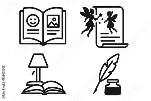 Story telling icon set. Vector graphic collection for reading and writing. Open book, fairy tale, fantasy story, author quill, inkwell, library lamp line art symbols.