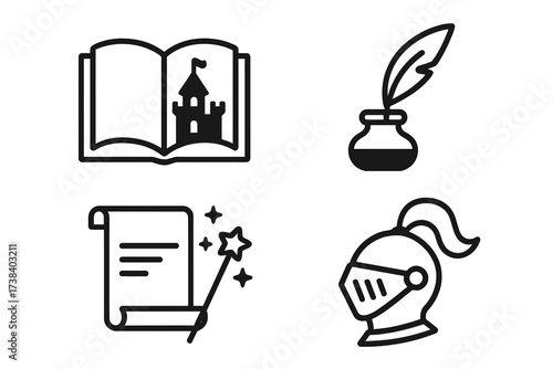 Vector fairytale icon set. Fantasy story elements collection. Book with castle, knight helmet, magic scroll, quill and ink. Logo design for games, literature, history. Outline pictogram.