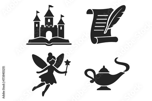 Fairy tale icon set with fantasy elements. Vector collection for storytelling and literature. Includes magic castle on book, ancient scroll, fairy, and genie lamp symbols.