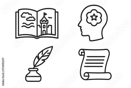 Storytelling and creative writing icon set. Vector line art collection with fairytale book, author quill and ink, and historical scroll. Symbols for literature and imagination.