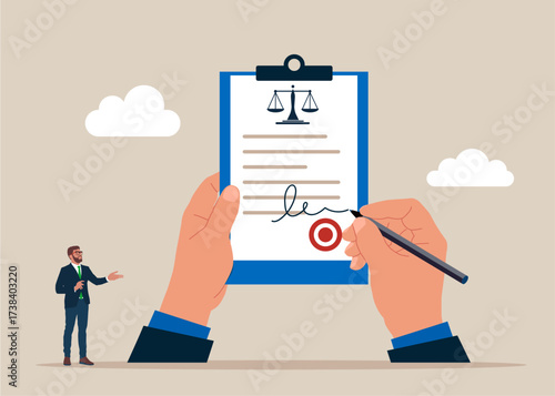Hand holding clipboard with checklist and pen for signature document. Legal advice. Justice and law application. Flat vector illustration