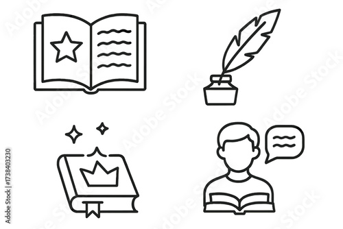 Storytelling and writing icon set. Vector line art collection with magic book, fairy tale elements, quill pen, and author symbols. Education and literature concepts for logos.