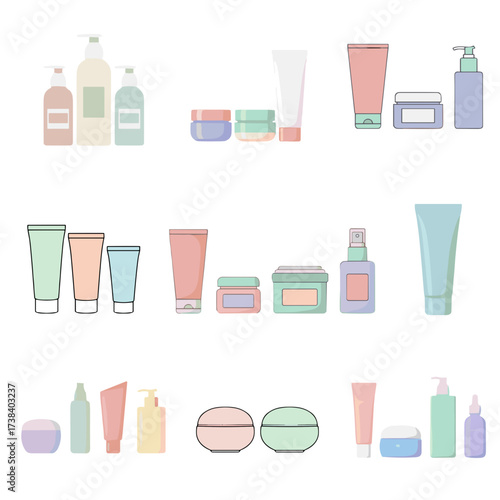 Assorted cosmetic bottles and jars in pastel colors on white background  
