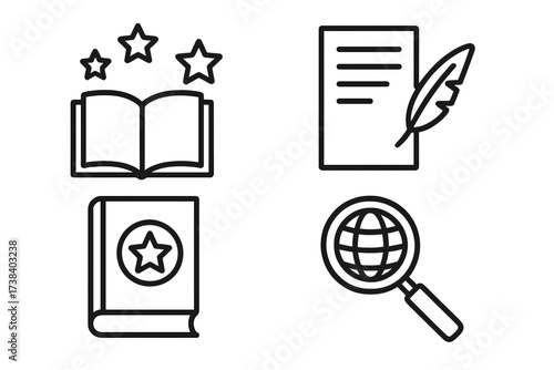 Story and research line icon set. Vector collection for education, knowledge, and storytelling. Includes magic book, writing quill, global search, and discovery concepts.