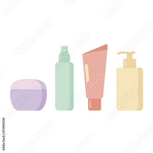 Skincare products in pastel colors arranged on white background  