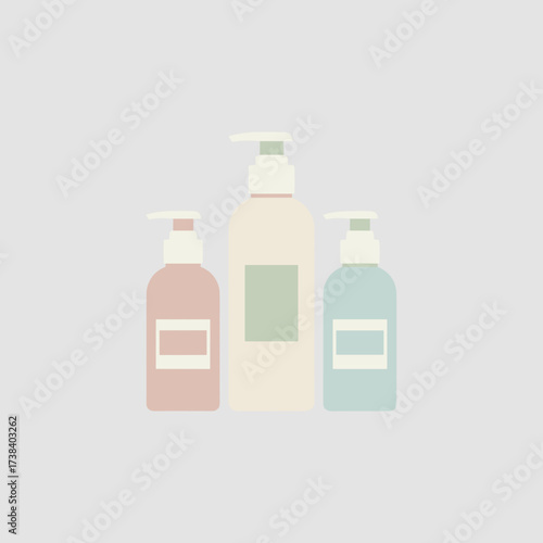 Various cosmetic bottles in pastel colors on neutral background  