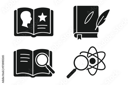 Story and research icon collection. Biography, history and scientific discovery symbols. Writing, literature, and analysis vector glyph set. Education and knowledge signs.