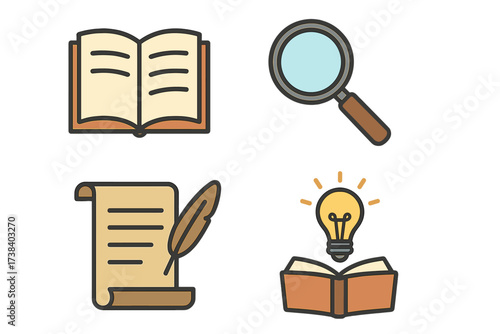 Research and storytelling icon set. Vector symbols for knowledge, learning, and education. Magnifying glass for analysis, book for literature, and lightbulb for bright ideas.